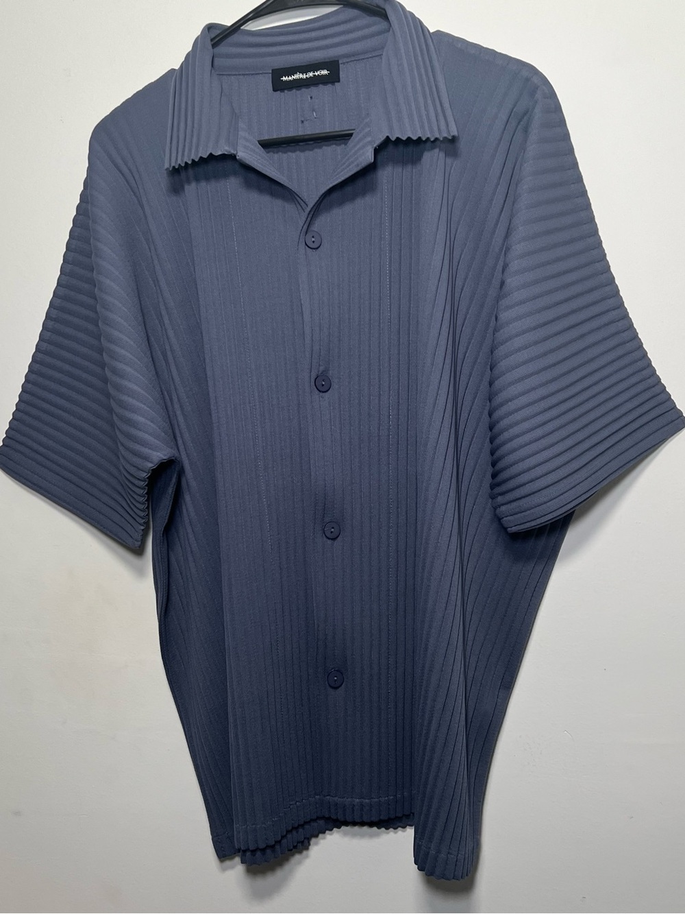Manière De Voir Men Pleated Short Sleeve Button Up Shirt Blue Lagenlook Textured - Picture 6 of 15